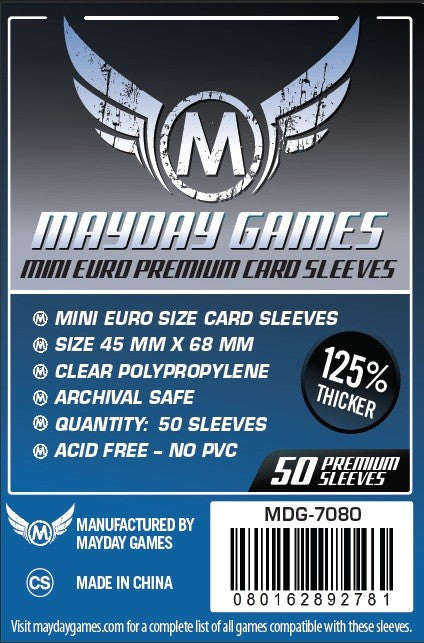 Top Shelf Gamer | PREMIUM Mayday Mini Euro Card Sleeves: 45 x 68mm (set of 50) Top Shelf Gamer | PREMIUM Mayday Mini Euro Card Sleeves: 45 x 68mm (set of 50)