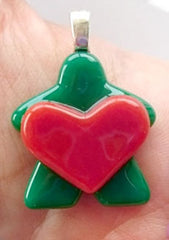 Glass Necklace Charm - Heart Holding Green Meeple