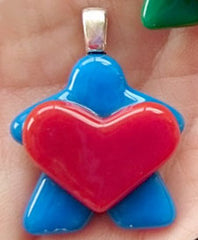 Glass Necklace Charm - Heart Holding Blue Meeple